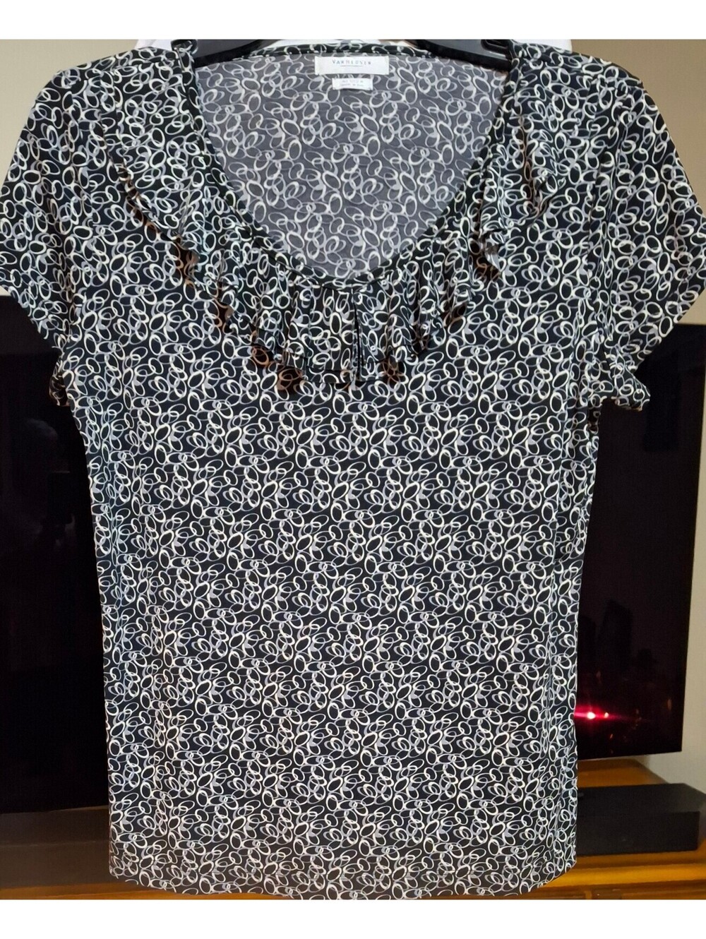 Van Heusen Medium Black & White Patterned Ruffle Neck Top